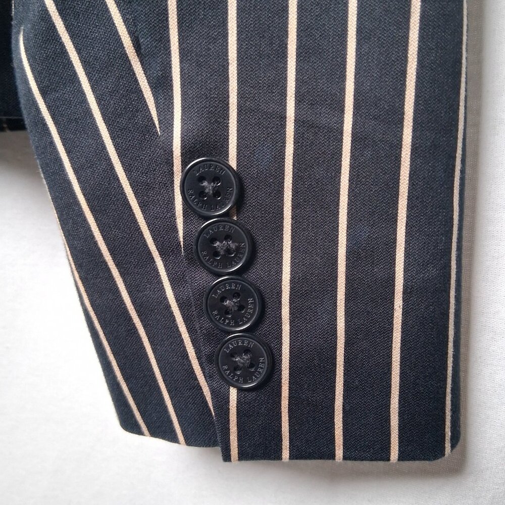 Lauren Ralph Lauren Blazer Women 4 Black Tan Striped Classic Preppy Cotton Silk - Picture 13 of 16